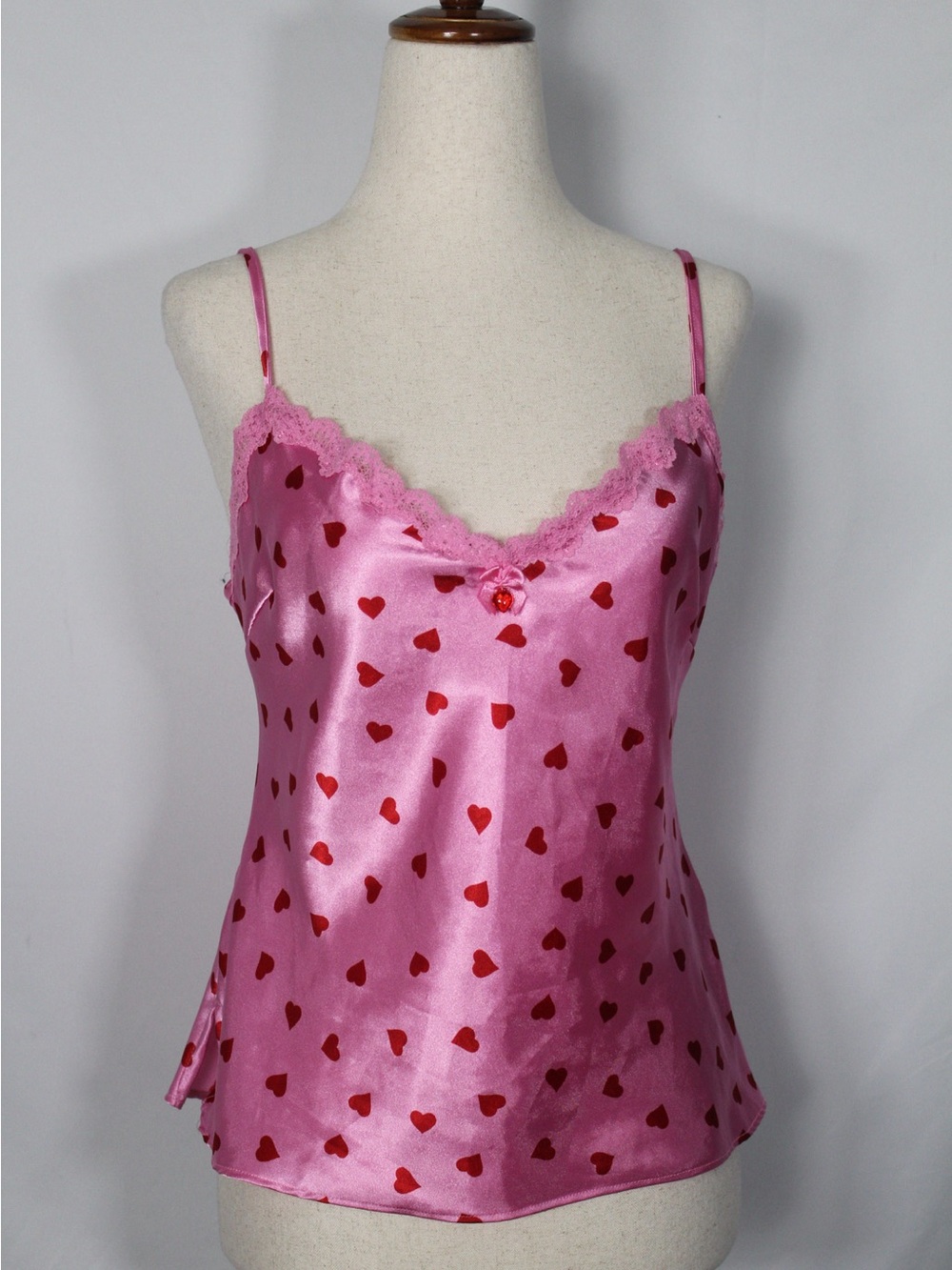 Y2K lei Pink Satin Heart-Print Camisole with Red Hearts
